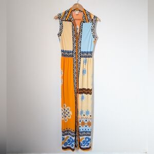 Vintage Paganne By Gene Berk 1970's Orange Blue Pale Yellow Zipper Maxi Dress